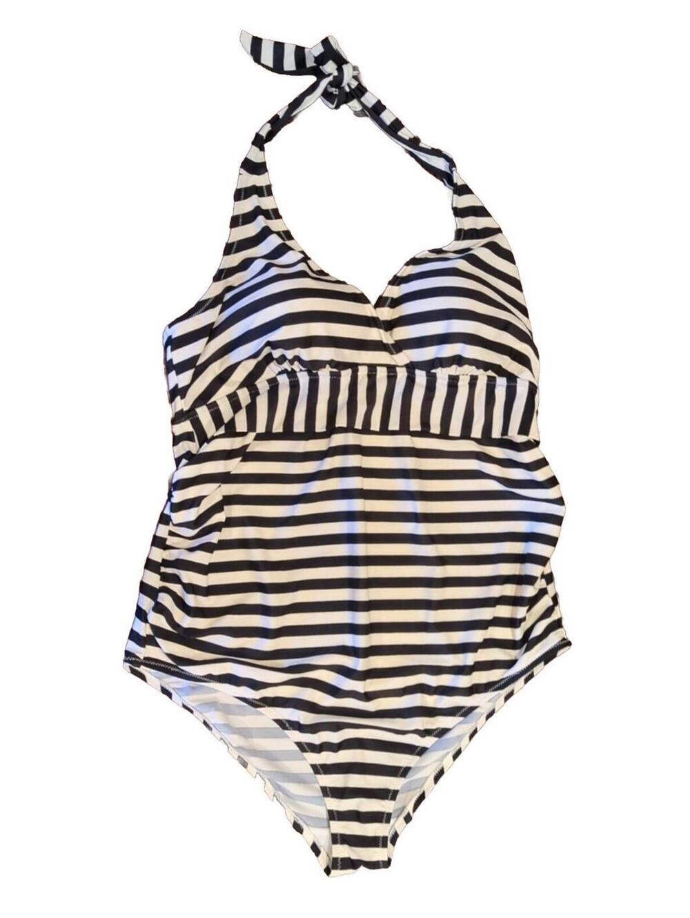 L Motherhood Maternity One Piece B/W Striped Swimsuit Halter black white Swim